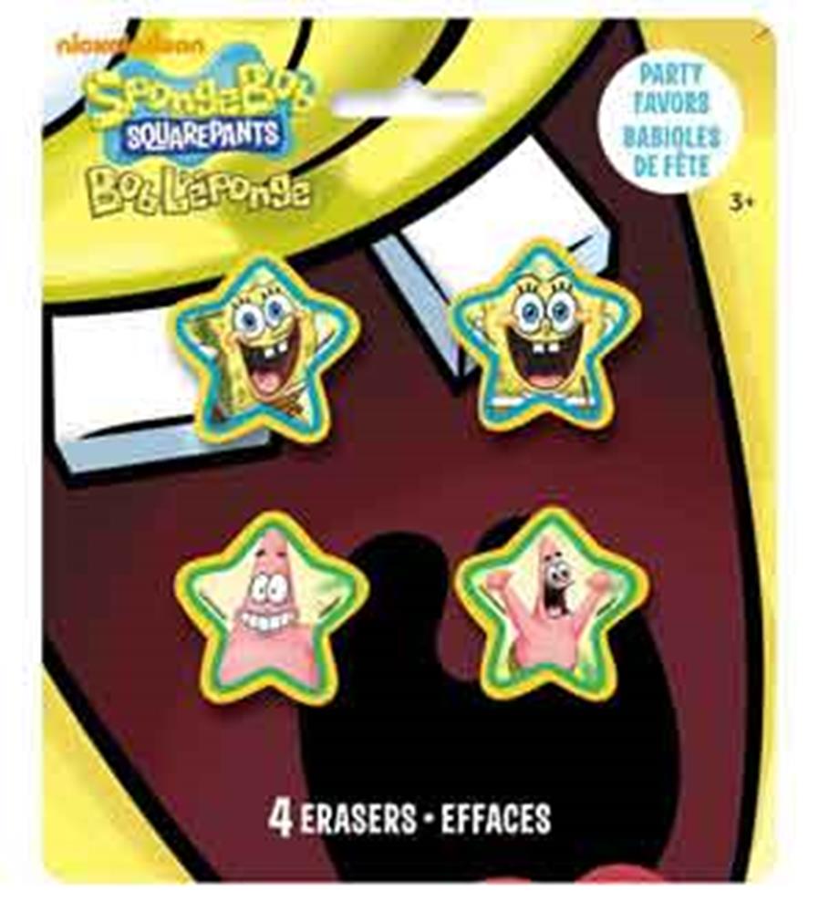 Four colorful Spongebob Squarepants-themed erasers shaped like stars featuring cartoon faces of Spongebob and Patrick.