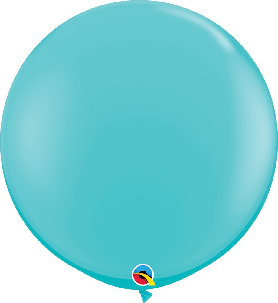 Two 36-inch round Caribbean blue latex balloons with a smooth, glossy surface.