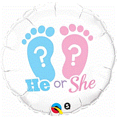 Round silver foil balloon with blue and pink baby footprints and "He or She" text in matching colors.