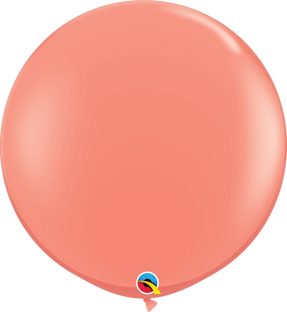 36-inch round coral latex balloon with smooth, glossy surface and tied neck.