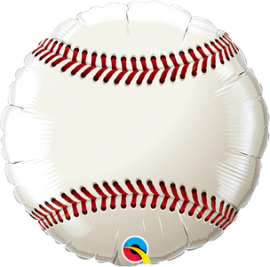 18-inch round foil balloon designed like a white baseball with red stitching.