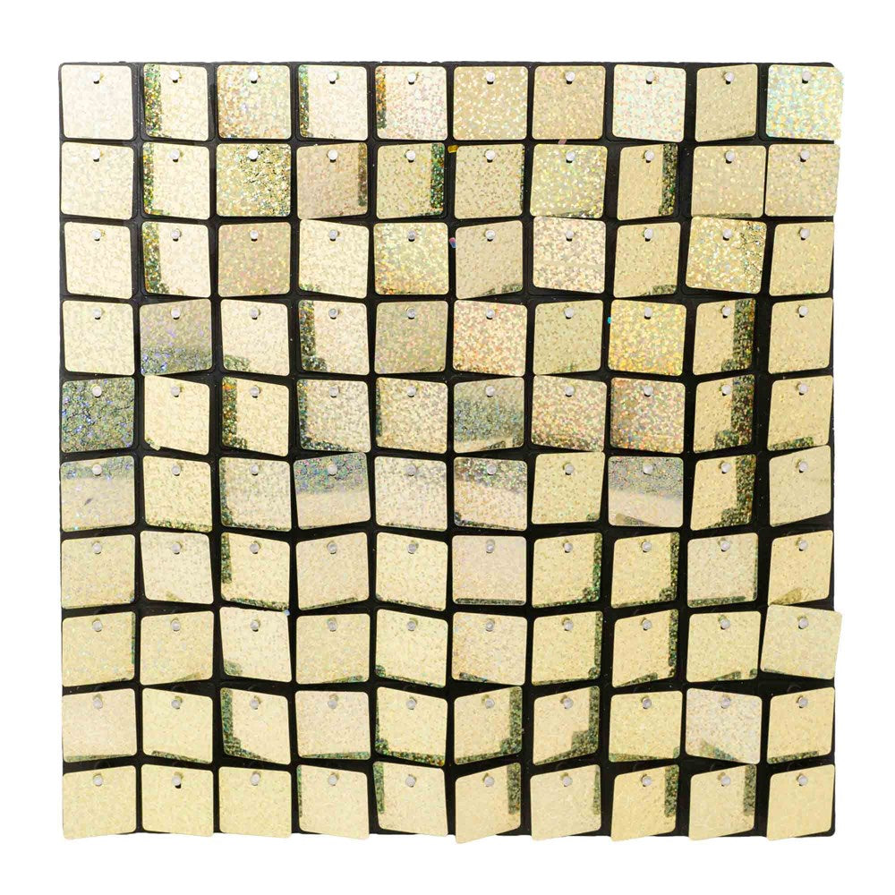Champagne gold square tiles with glittered textured surface forming a shimmering 1-foot wall panel.