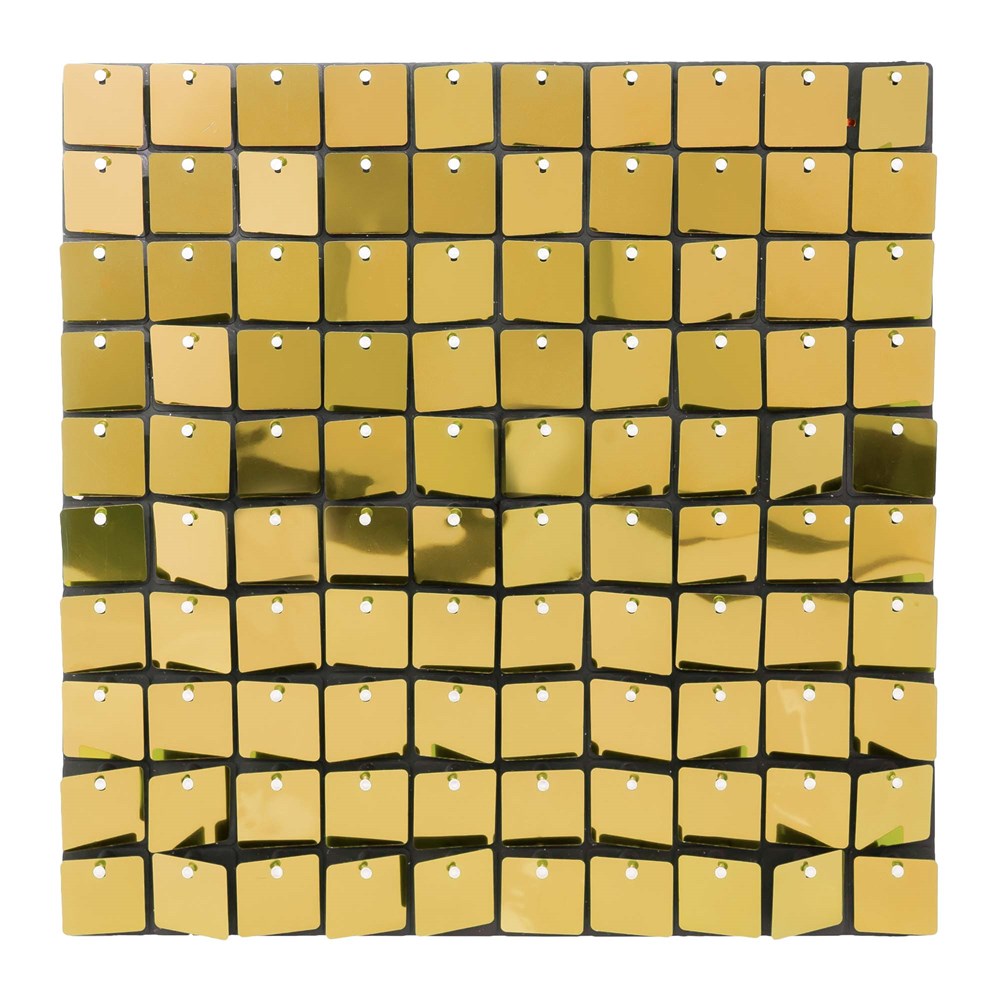 Gold square shimmer mosaic wall tile with reflective metallic finish, 1 square foot panel.