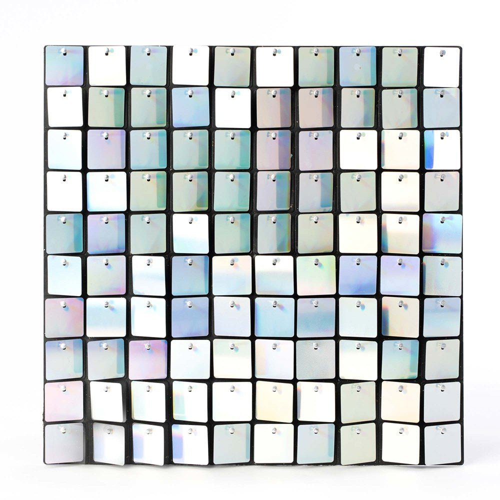 Iridescent square shimmer wall panel with reflective, holographic finish in 1-foot size.