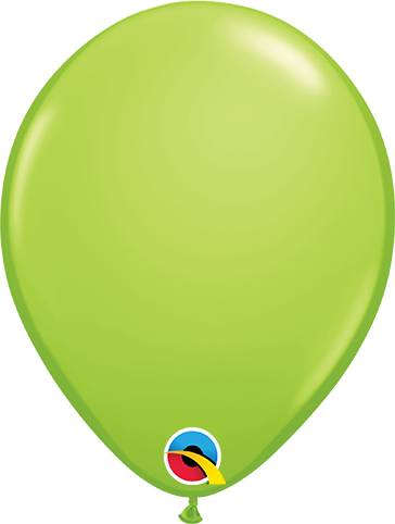 Round lime green latex balloon with glossy finish and Qualatex logo near the base.