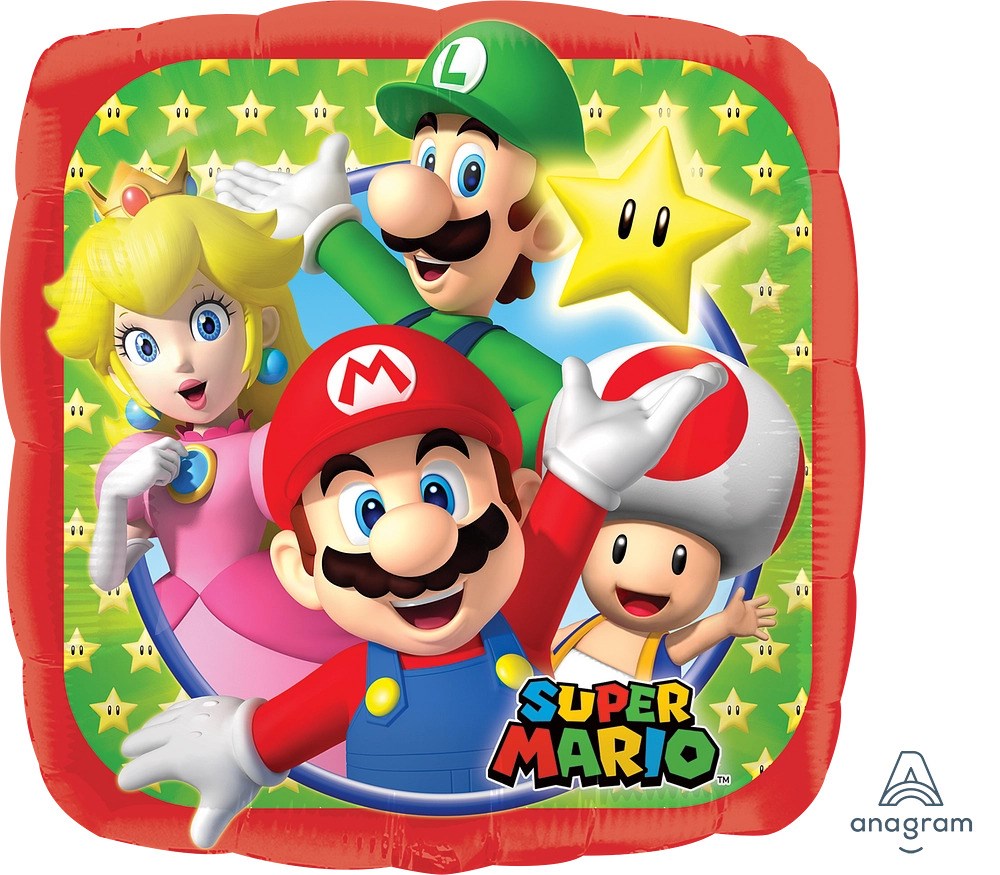Square foil balloon featuring Mario, Luigi, Princess Peach, Toad, and a yellow star on a green background with stars and a.