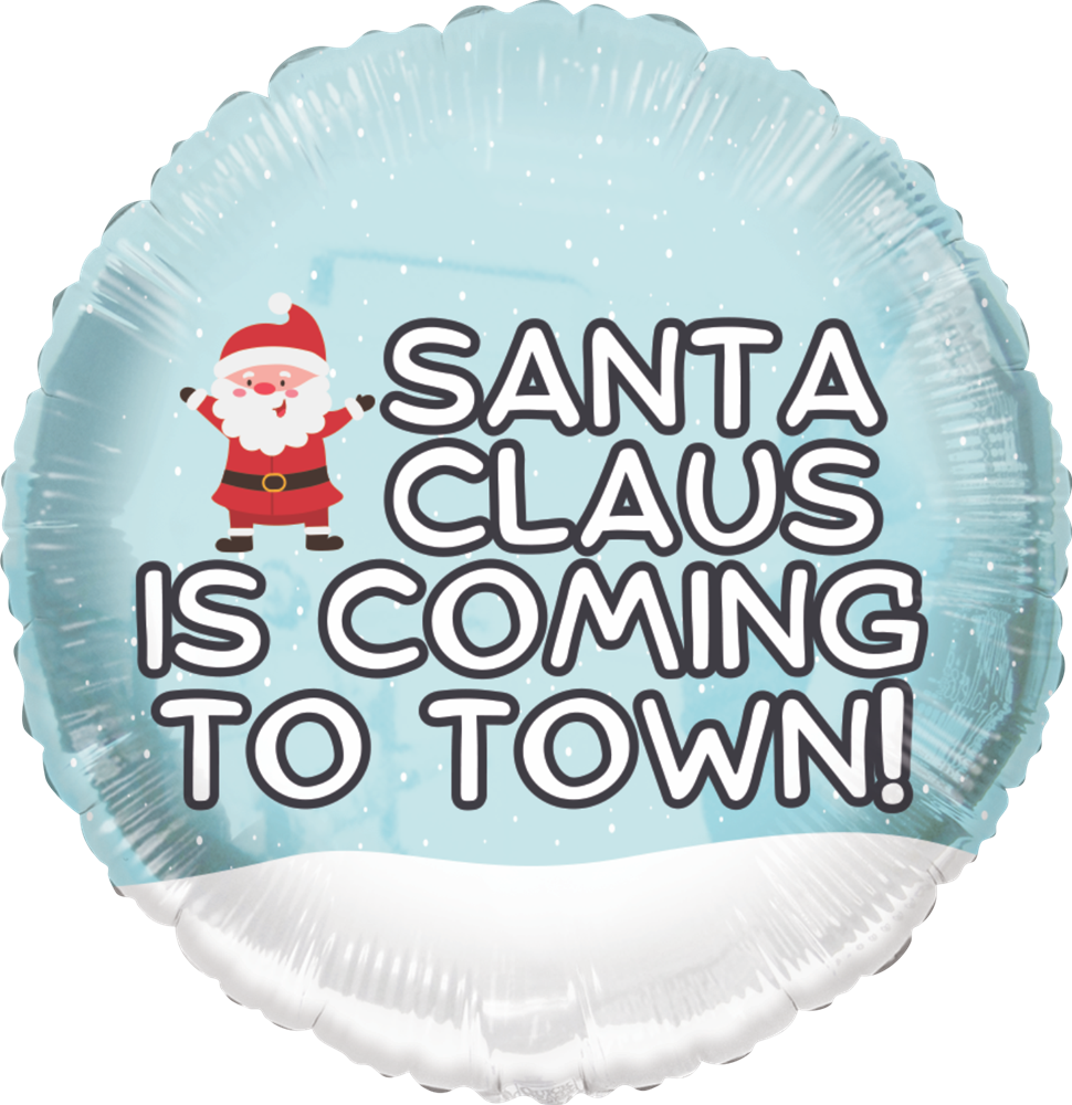 Round foil balloon with light blue background, white snowflakes, snow-covered bottom edge, and Santa Claus graphic beside.