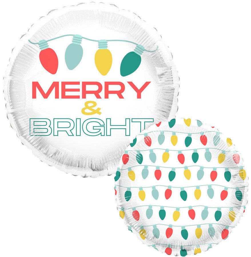 Round 18-inch silver foil balloon with colorful holiday lights and "Merry & Bright" text in red and teal.