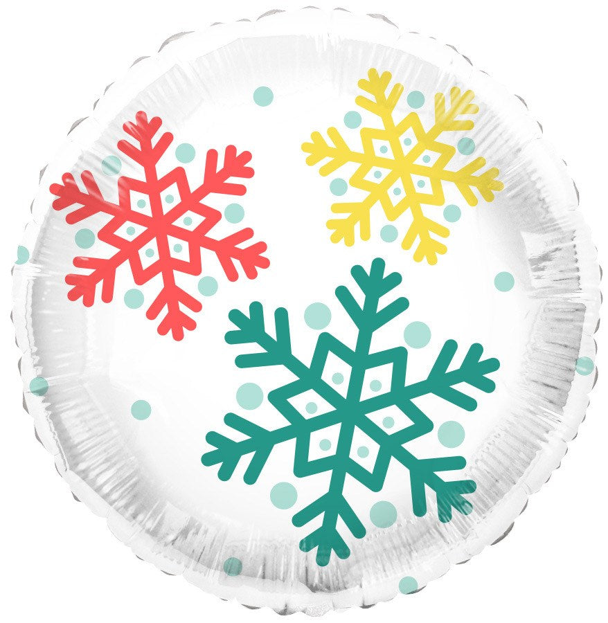 Round white foil balloon with red, yellow, and teal snowflake designs and scattered teal dots.