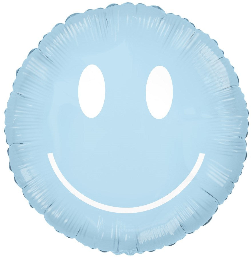 Round sea glass blue foil balloon with a white smiling face and scalloped edges.