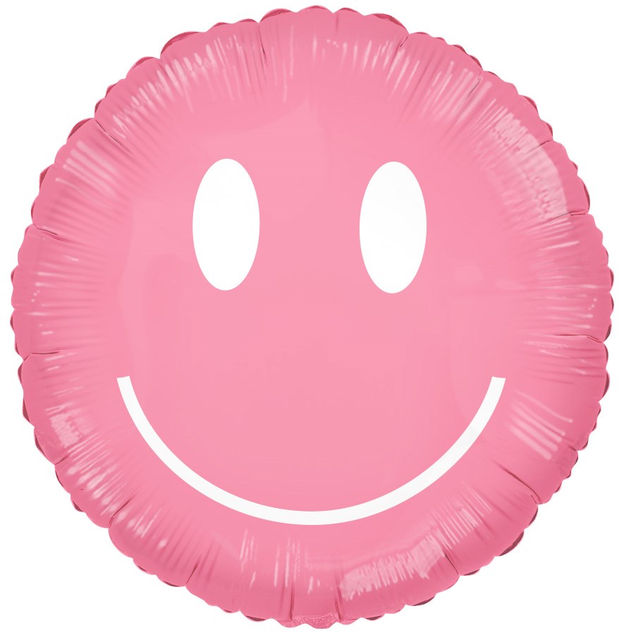 Round pink foil balloon with a simple smiling face in white, 30 inches wide.