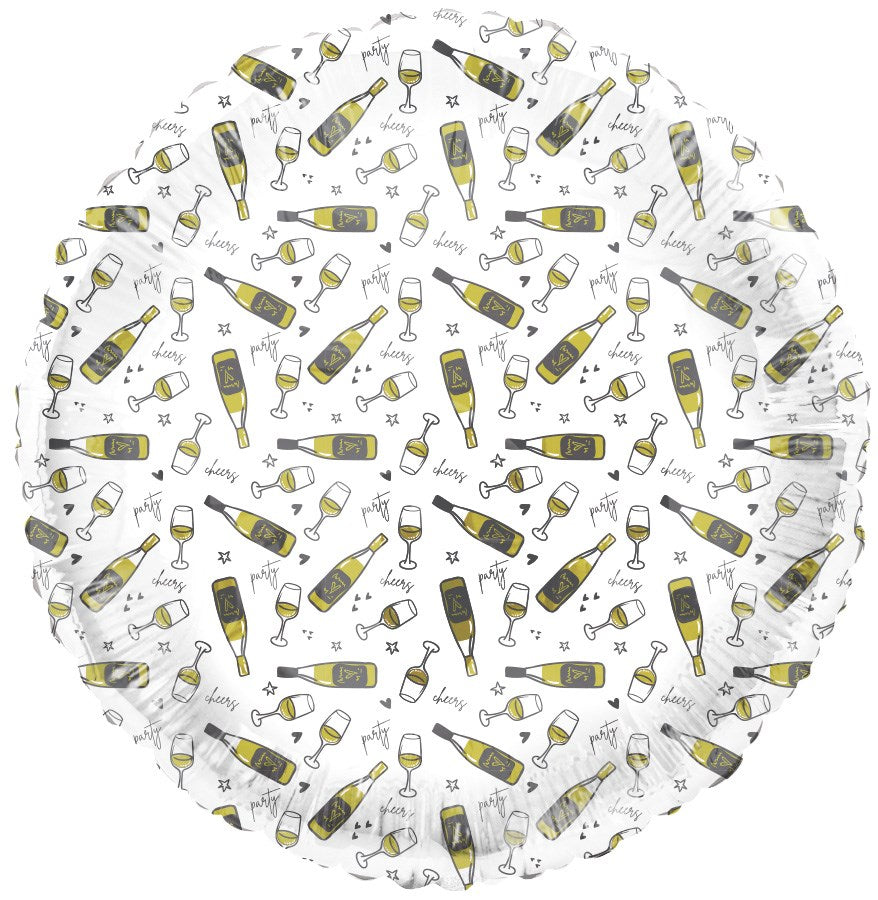 Round foil balloon with white background featuring repeated gold and black champagne bottles and glasses pattern.
