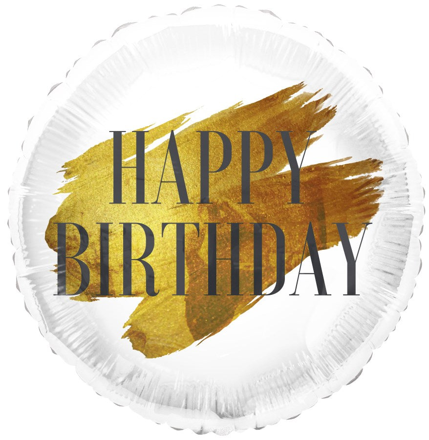 Round silver foil balloon with gold brushstroke and black "Happy Birthday" text centered.