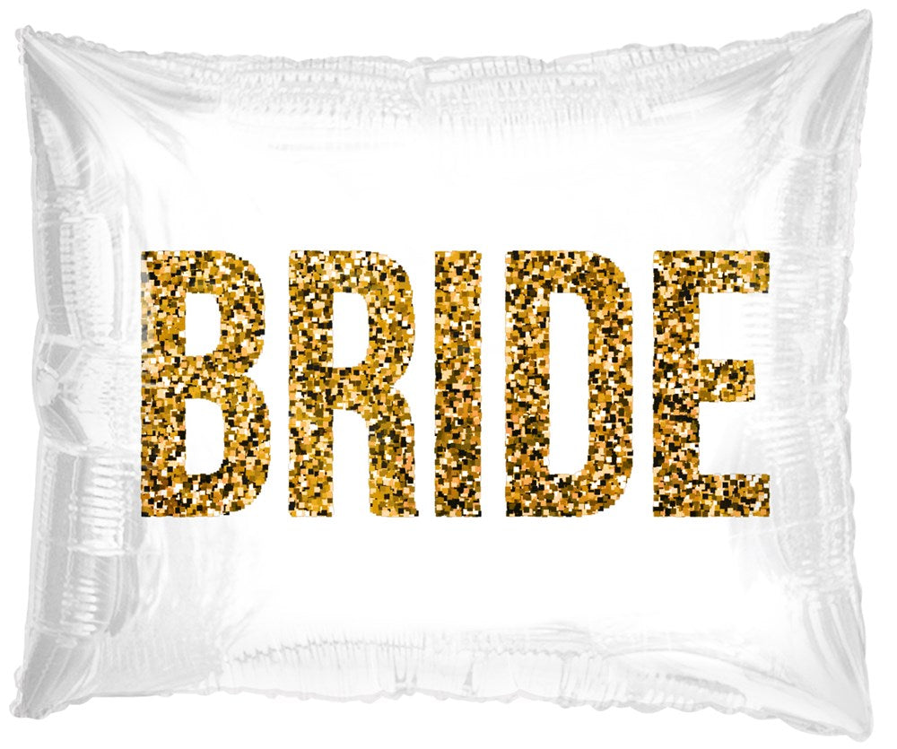 Rectangular white foil balloon with large gold glitter-style letters spelling "BRIDE" across the center.