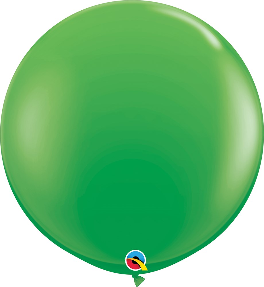 Large round spring green latex balloon, smooth and glossy surface, inflated shape.