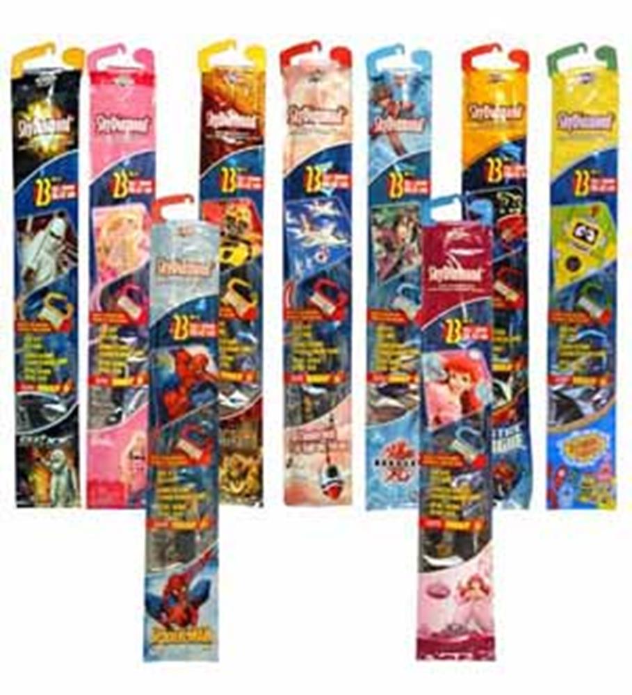 Assorted colorful rectangular kites with various cartoon and superhero designs in clear packaging, measuring 23x22 inches.