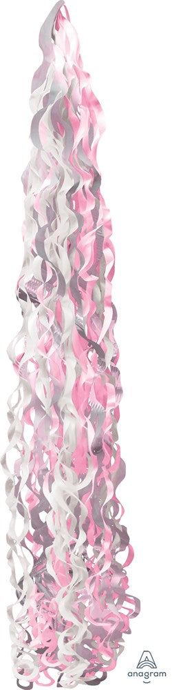 Tall pink and white twisted foil balloon tail with a spiral design.