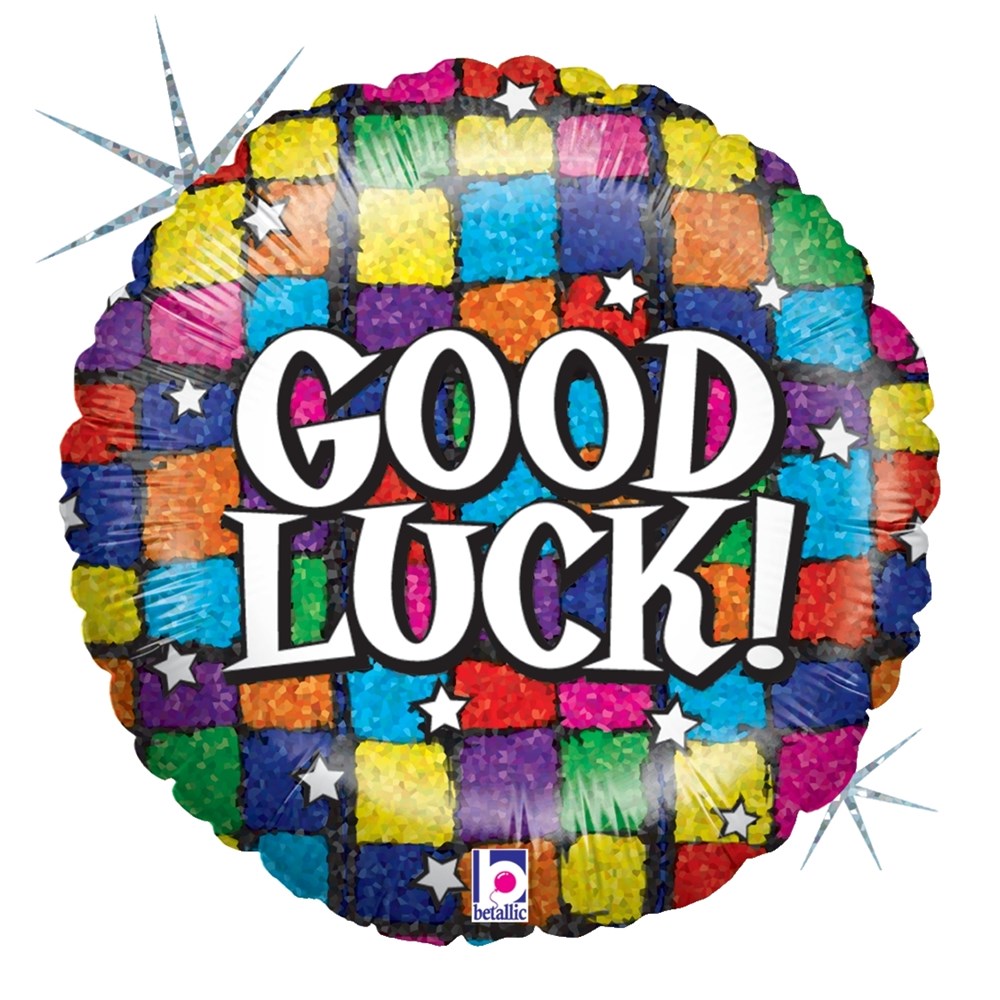 Round holographic balloon with colorful patchwork squares and "Good Luck!" in bold white letters.