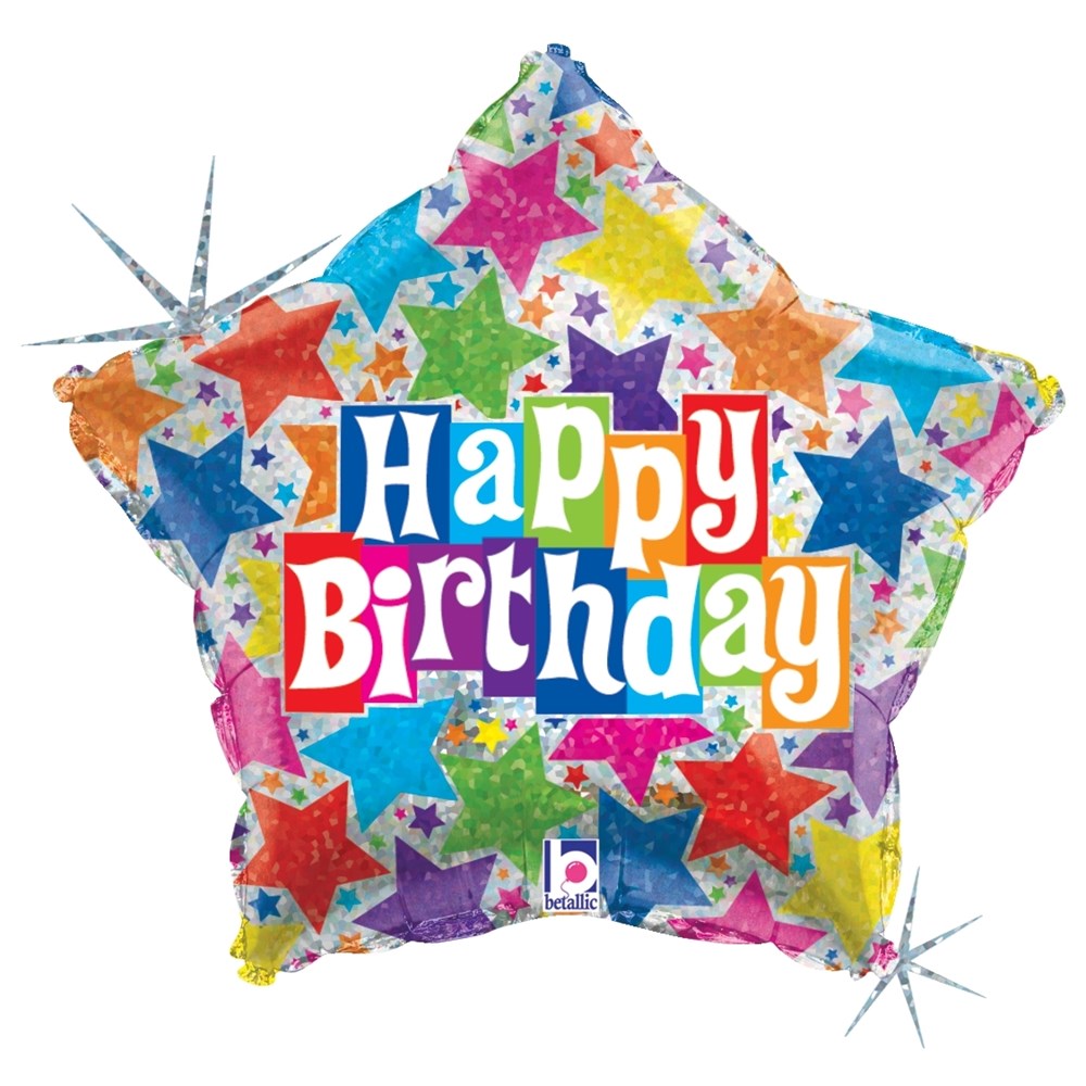 Star-shaped holographic balloon with colorful glitter stars and bold "Happy Birthday" text in multicolored block letters.