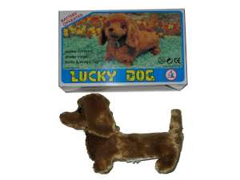 Brown plush dachshund toy with short legs and long body, next to a colorful box labeled Lucky Dog with autumn background.