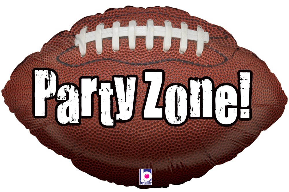 25-inch brown foil balloon shaped like a textured American football with white laces and "Party Zone!" text in bold white.