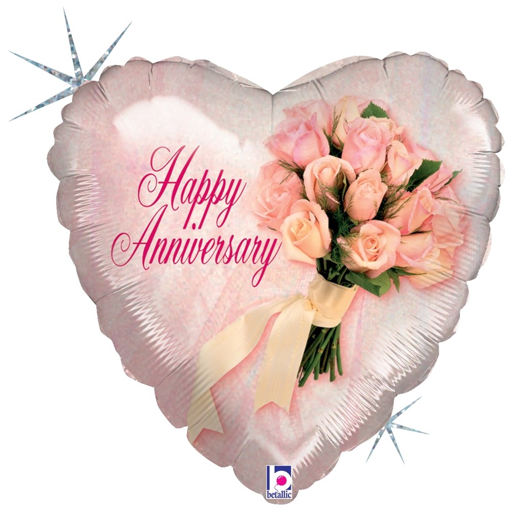 18-inch heart-shaped holographic balloon with pink roses and "Happy Anniversary" script.