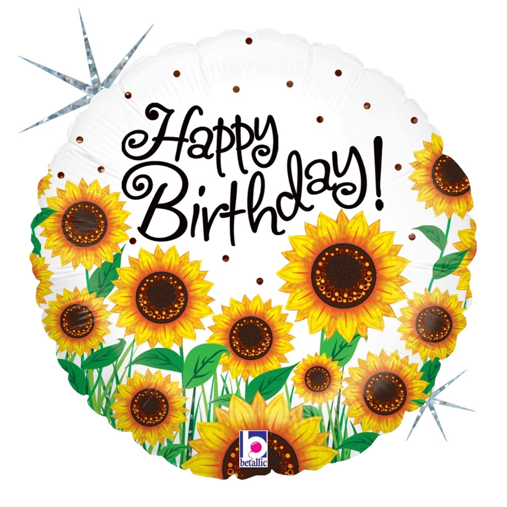 Round holographic balloon with bright yellow sunflowers and "Happy Birthday!" in black script on white background.