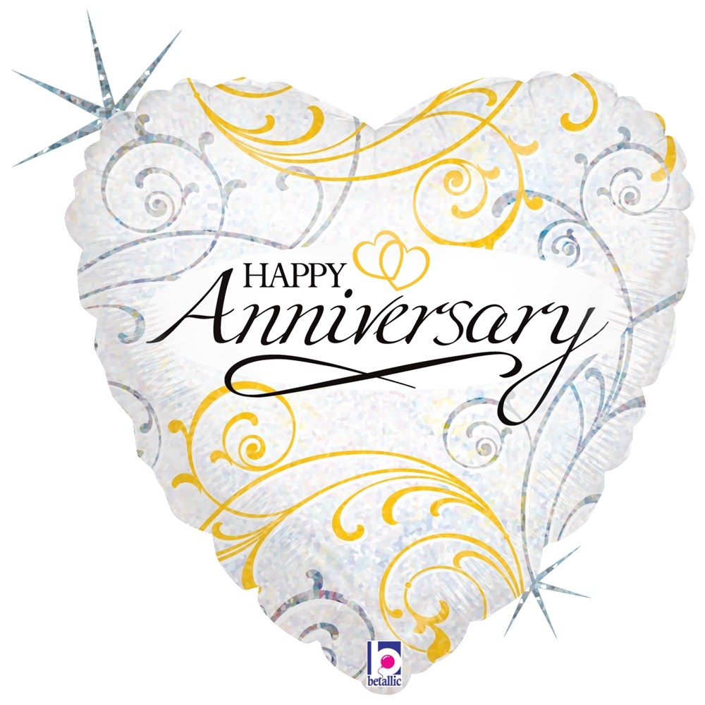 18-inch heart-shaped silver holographic balloon with gold and white filigree and "Happy Anniversary" text.