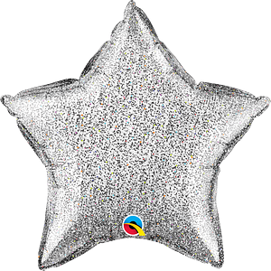 Silver foil star-shaped balloon covered in fine glitter, 20 inches wide.