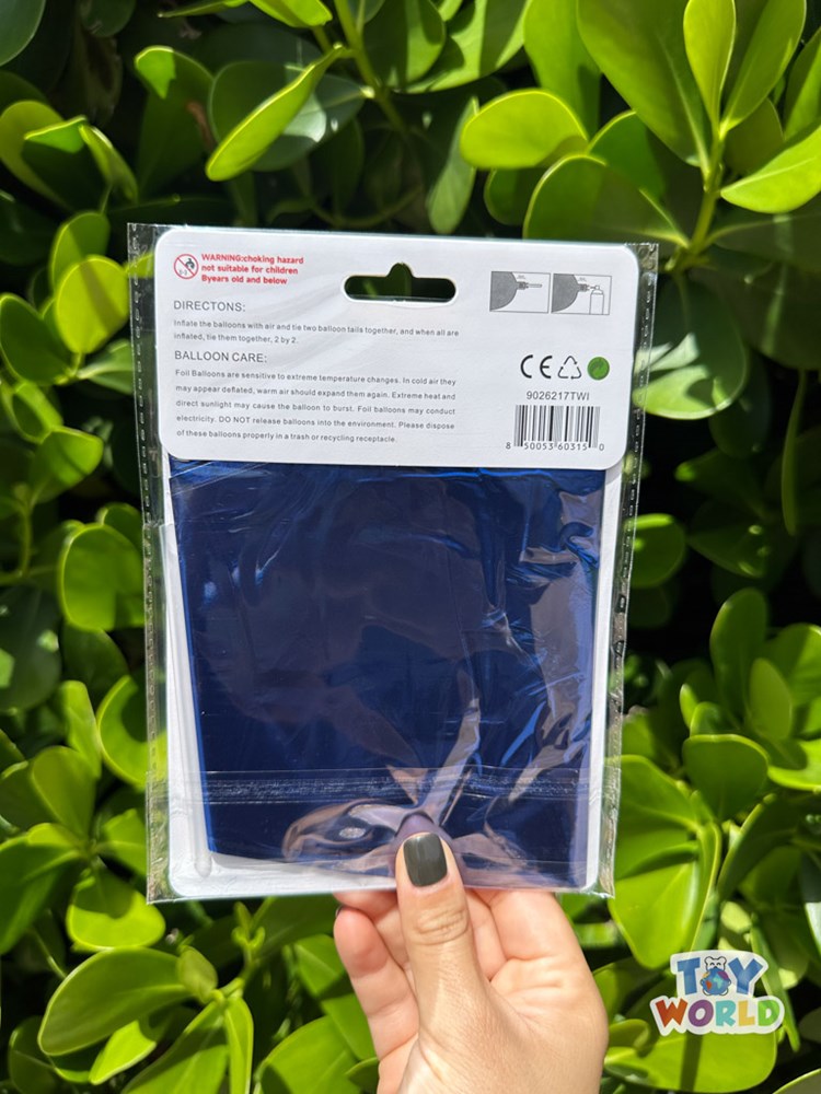 Packaged royal blue star-shaped foil balloon, 26 inches, with hanging tab on top.