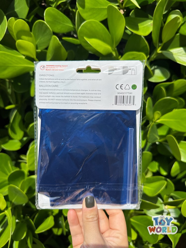 Packaged royal blue star-shaped foil balloon with shiny surface, partially visible inside clear plastic wrapping.