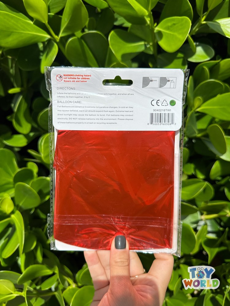 Red metallic foil balloon in flat pack with star burst design, 40-inch size, sealed in clear plastic packaging.