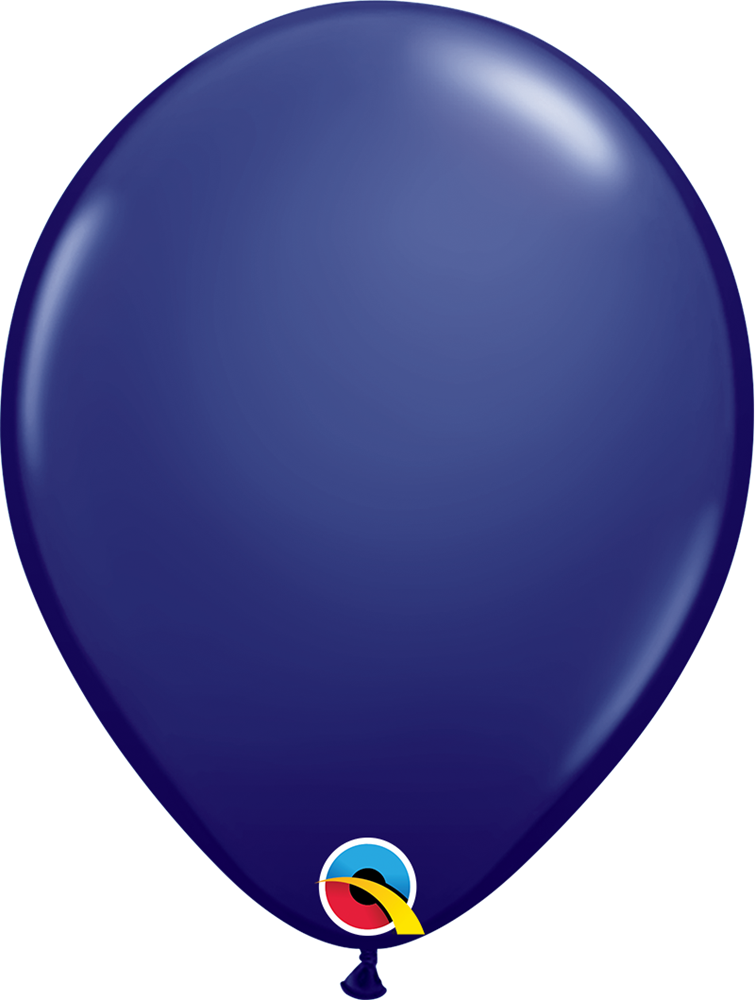 Navy blue 11-inch latex balloon with glossy finish and Qualatex logo at base.