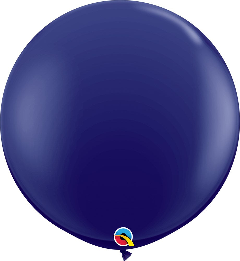 Two 36-inch round navy blue latex balloons with smooth surface and glossy finish.