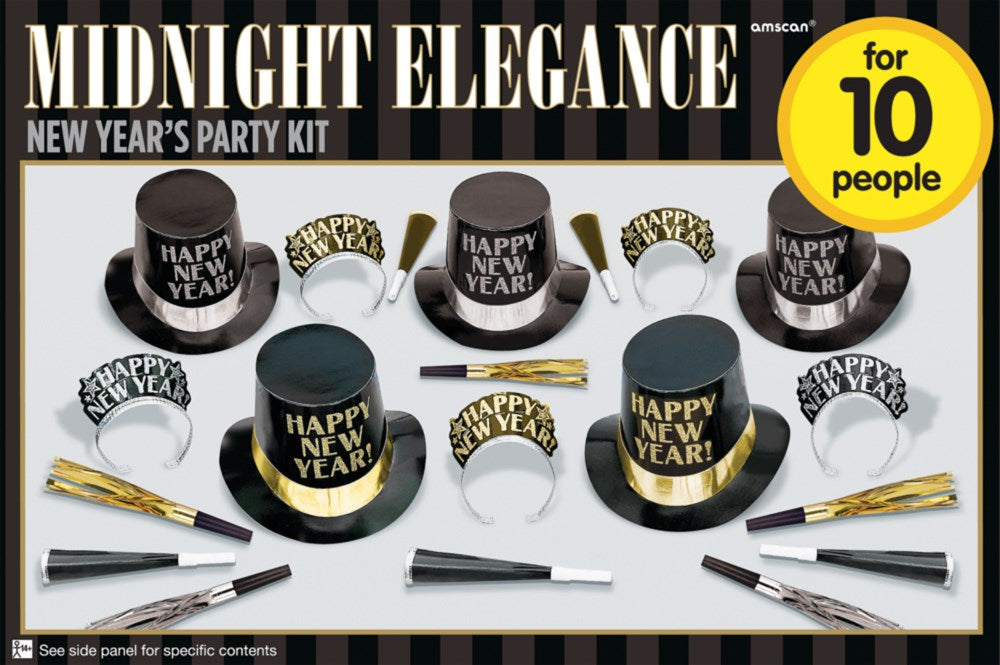 New Years Eve 10 Person Midnight Elegance Kit Black Silver Gold