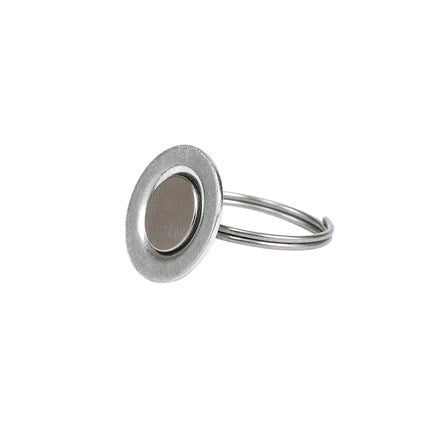 Small round silver metal magnet with attached silver split key ring.