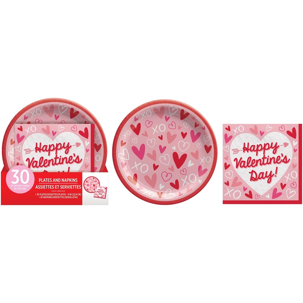 Round pink paper plates with red and dark pink hearts and "Happy Valentines" text, matching square napkins, and a red.