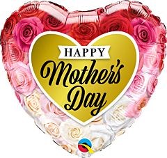 Heart-shaped foil balloon with pink and white roses border and gold center saying Happy Mother's Day.