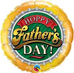 Round foil balloon with a yellow beer mug design and "Hoppy Father's Day!" text in green, red, and gold colors.