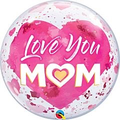 22-inch clear bubble balloon with pink heart and white "Love You Mom" text, foil material.