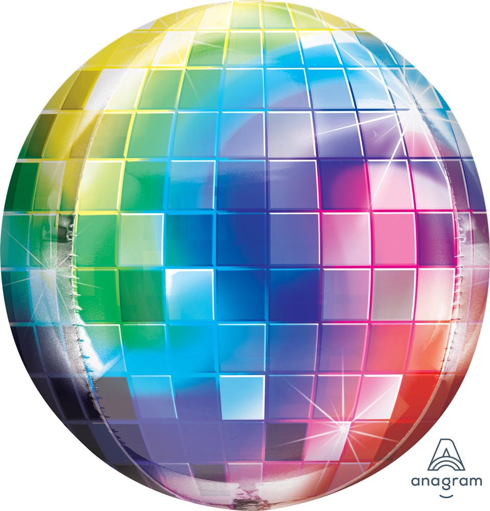 16-inch round disco ball foil balloon with reflective multicolor square pattern.