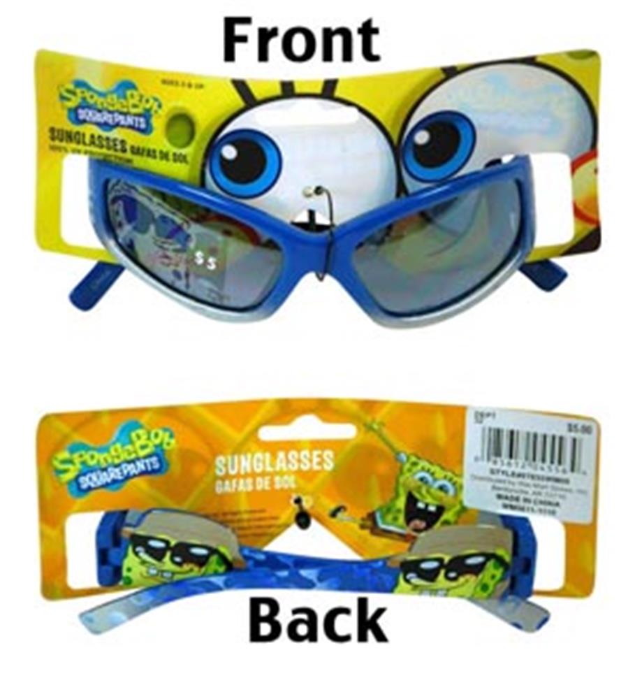 Blue kids sunglasses with reflective lenses and Spongebob Squarepants-themed packaging.