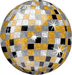 16-inch foil disco ball balloon with gold, silver, and black checkerboard pattern and sparkling highlights.
