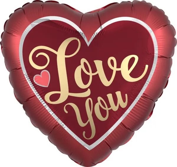 Heart-shaped satin foil balloon in deep sangria red with gold "Love You" text and a small pink heart accent.
