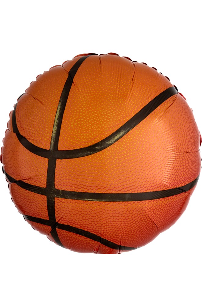 Orange foil balloon shaped like a basketball with black lines and textured surface, 17 inches tall.