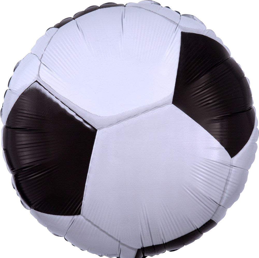 Round foil balloon designed like a classic black and white soccer ball, 17 inches wide.