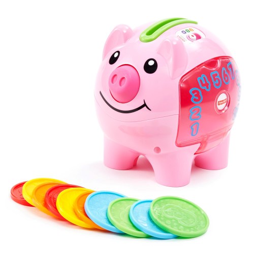 Pink plastic piggy bank toy with a smiling face and colorful numbered slots, includes red, yellow, blue, and green plastic.