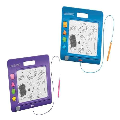 Two magnetic drawing boards, one blue and one purple, each with attached stylus and colorful shape stamp buttons on the side.