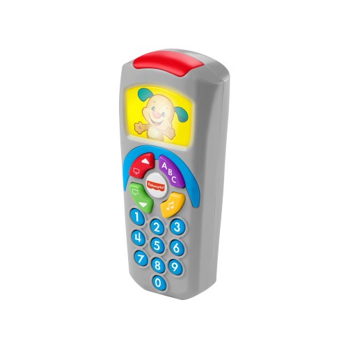 Gray and blue toy remote with colorful buttons and a smiling puppy illustration on the screen.