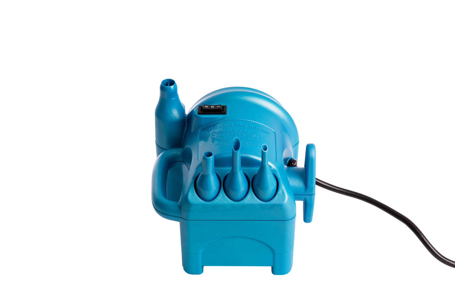 Compact blue plastic balloon air inflator with four nozzle attachments and black power cord.